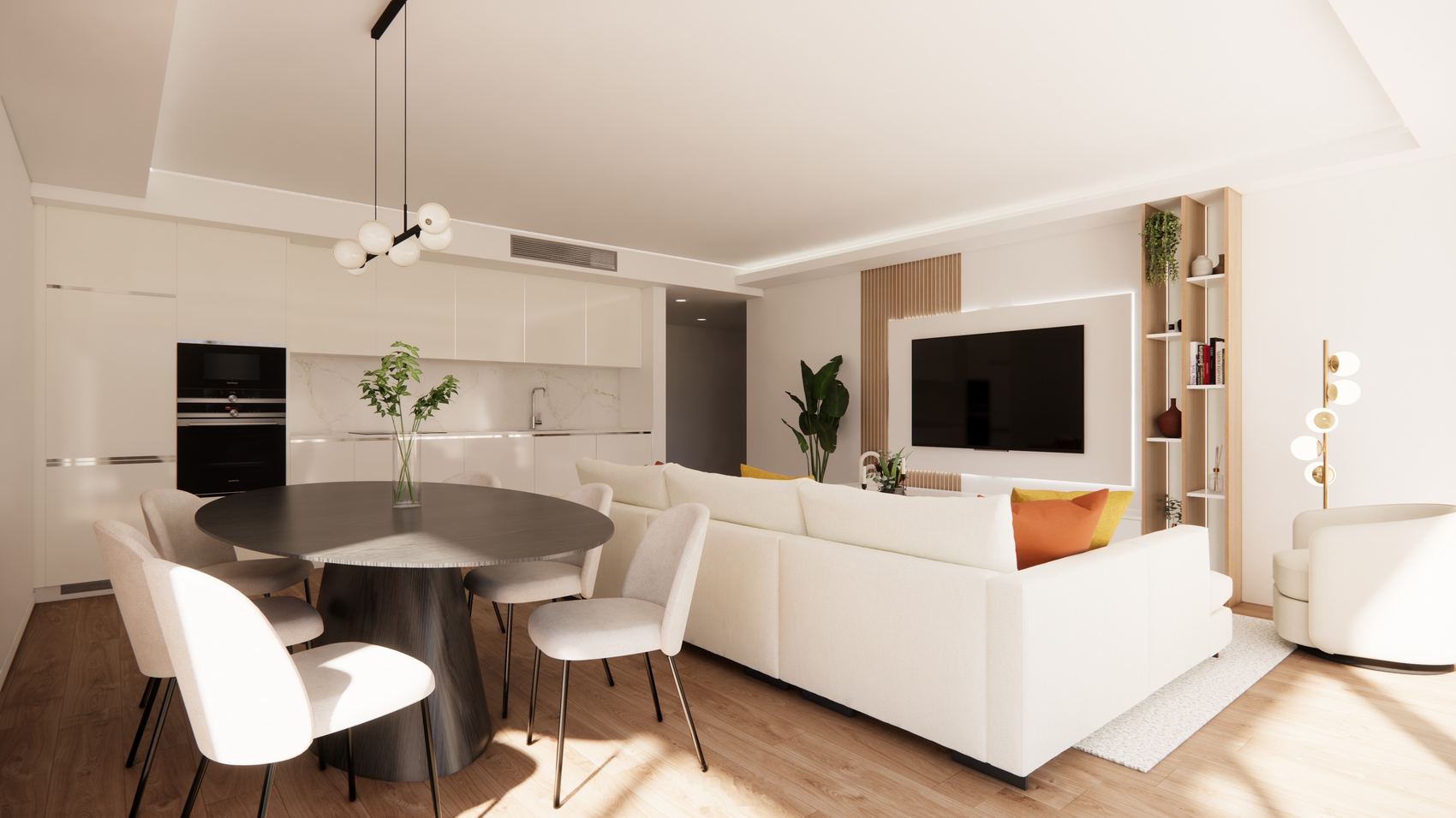 Imagem 3D da sala com painel ripado, estante iluminada e poltrona azul