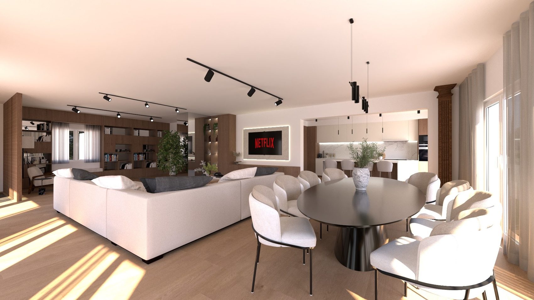 Imagem 3D da sala e jantar do T4 em Marachique, com estante de parede a parede e cozinha aberta ao fundo