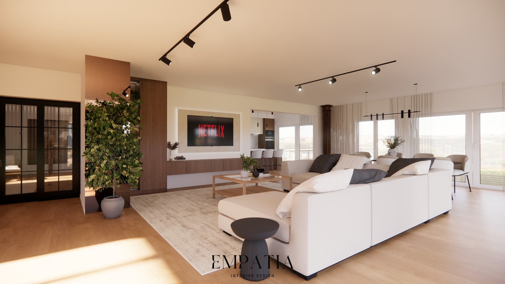 Imagem 3D de painel de sala com televisão