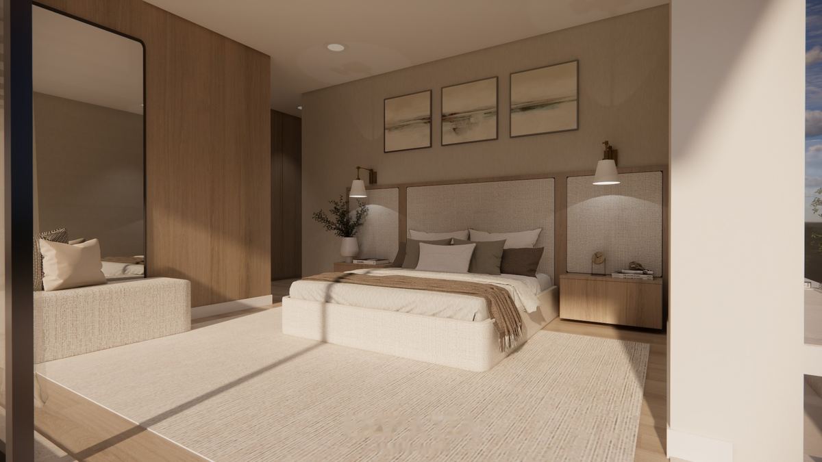 Imagem 3D de quarto com painel de madeira e cabeceira estofada