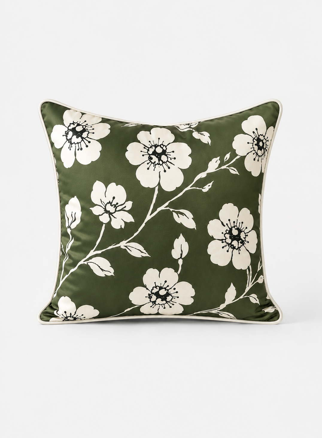 Mikado Floral Cushion Cover Moss w/ White Piped Edge (Set of 2)