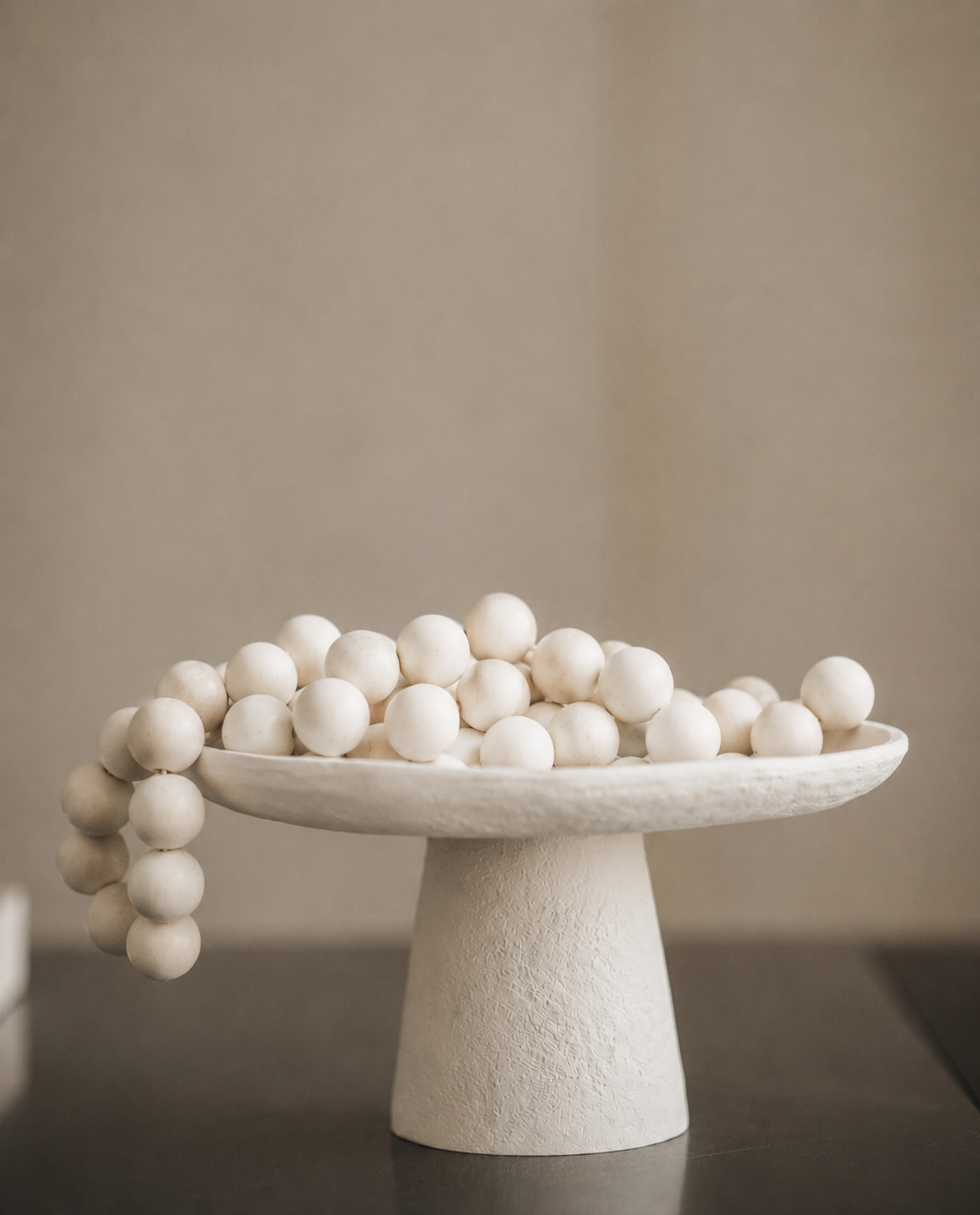 Artisan Pedestal Bowl + Wood Garland - White 14”D x 7”H