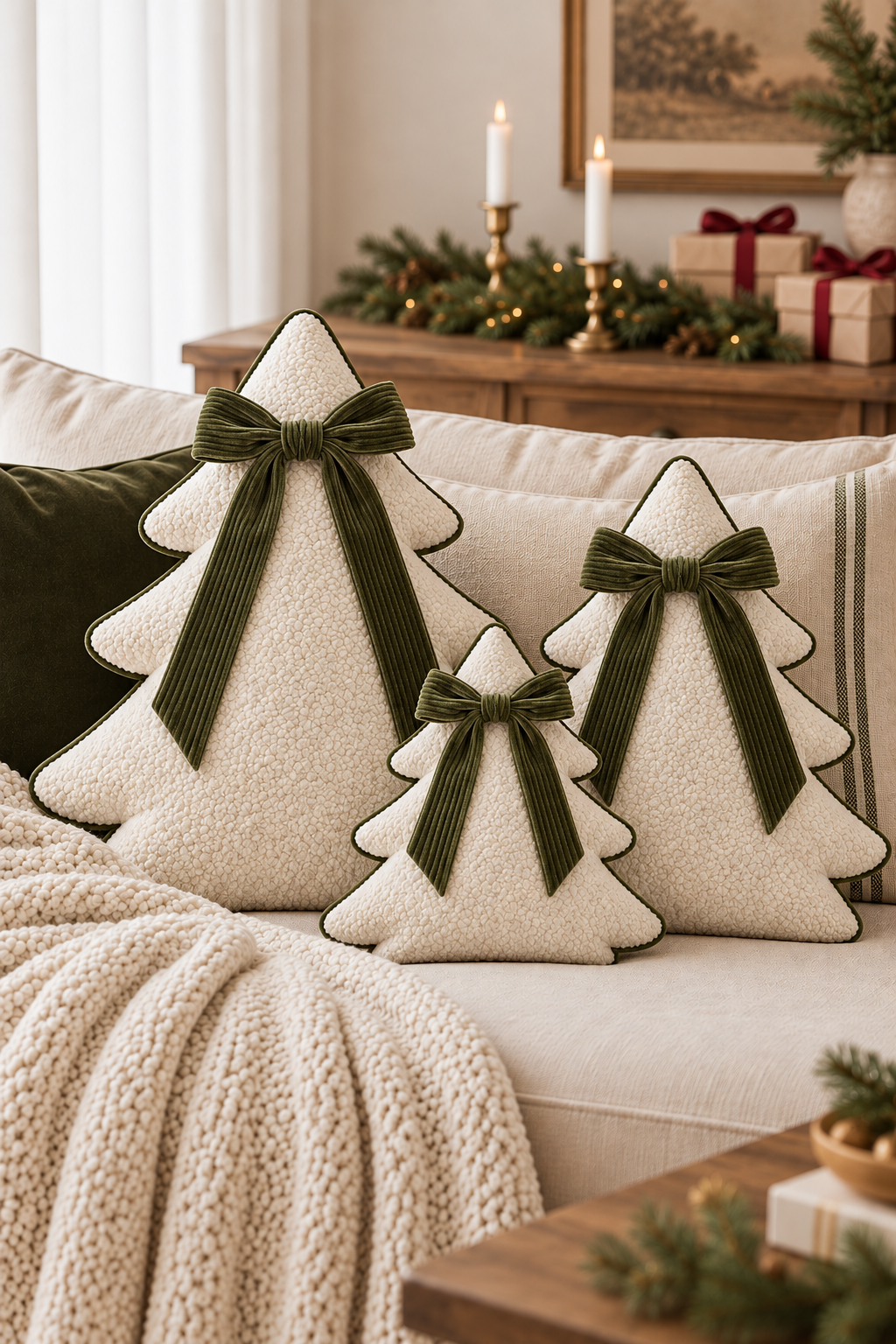 Bouclé Christmas Tree Decorative Pillow with Moss Green Ribbed Bow