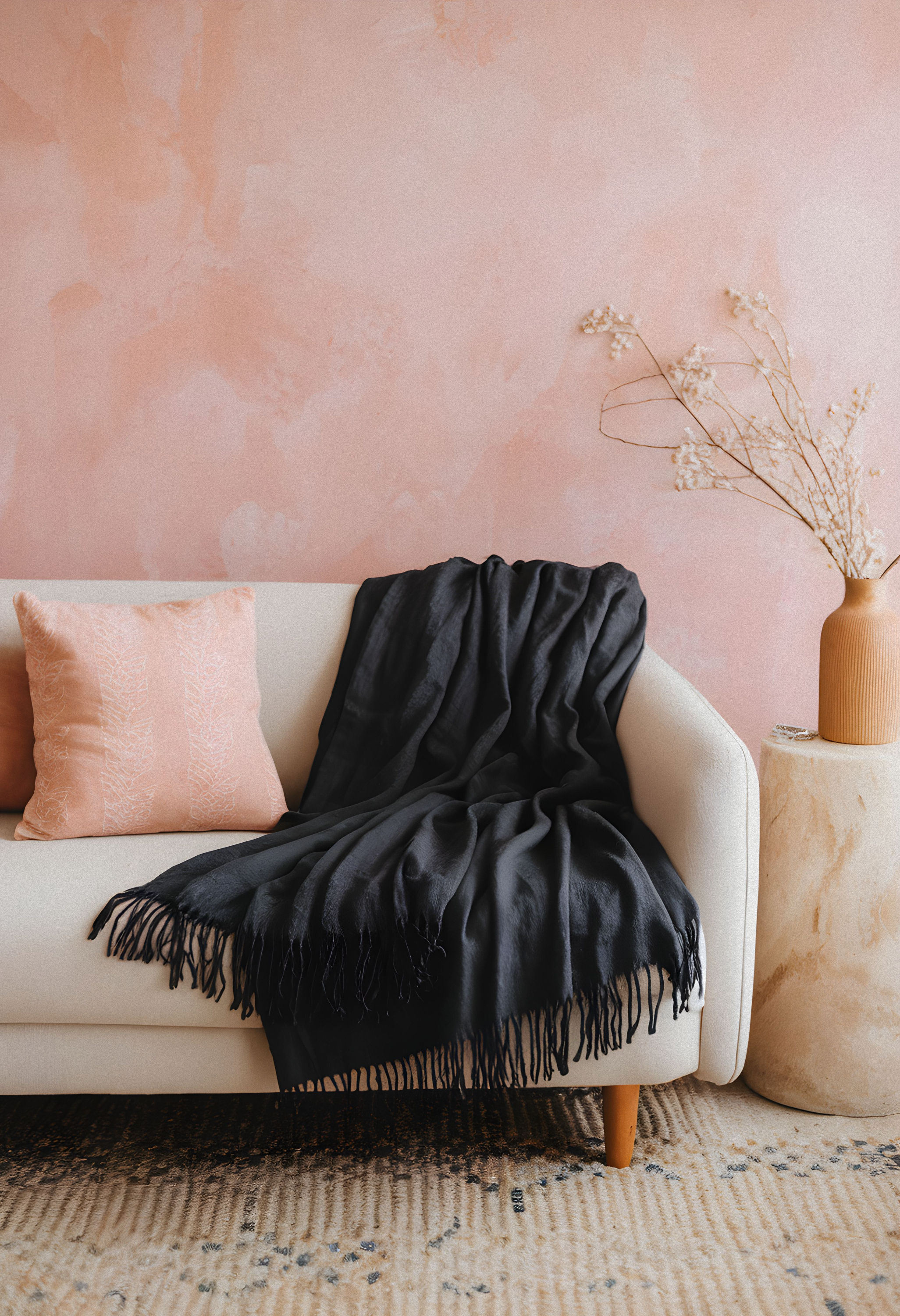 Washed Linen Decorative Fringe Throw Blanket - Black