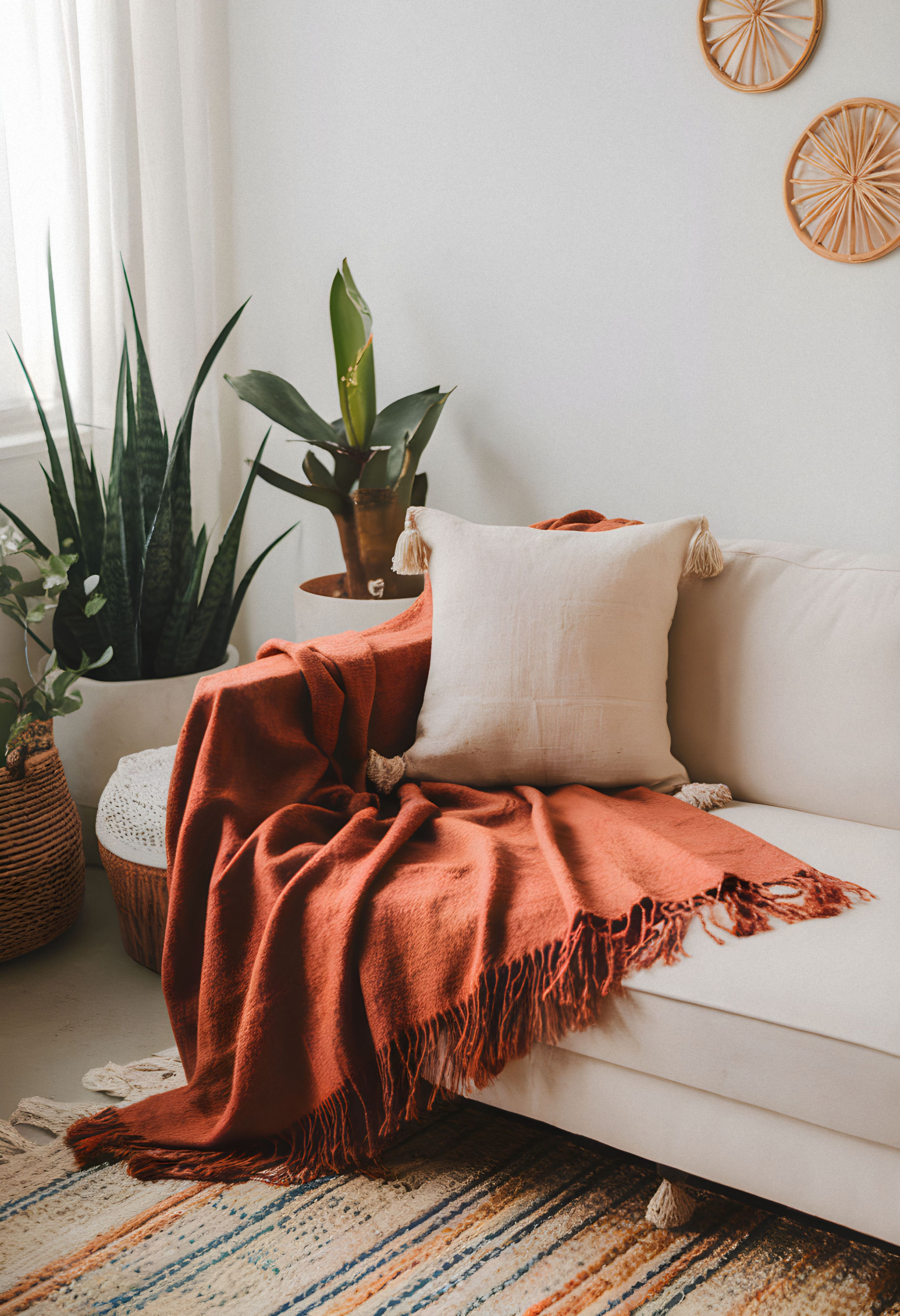 Washed Linen Decorative Fringe Throw Blanket - Rust