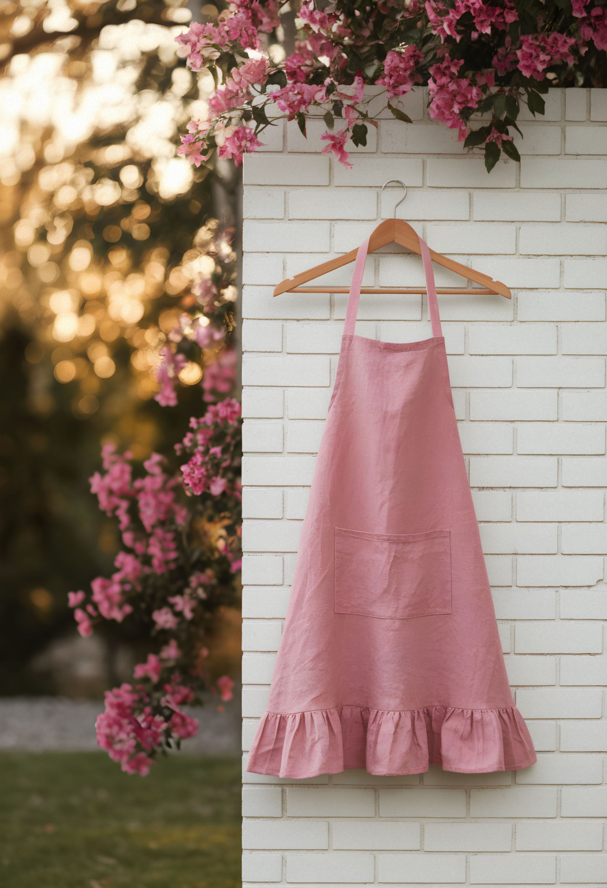 Ruffle Hem Linen Apron Pink