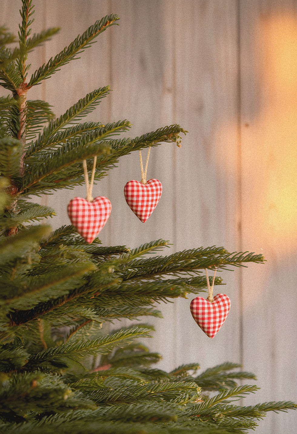 Christmas Linen Heart Ornaments Red Gingham (Set of 6)