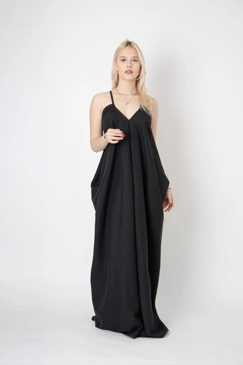 Thumbnail: Nova Draped Linen Dress Black