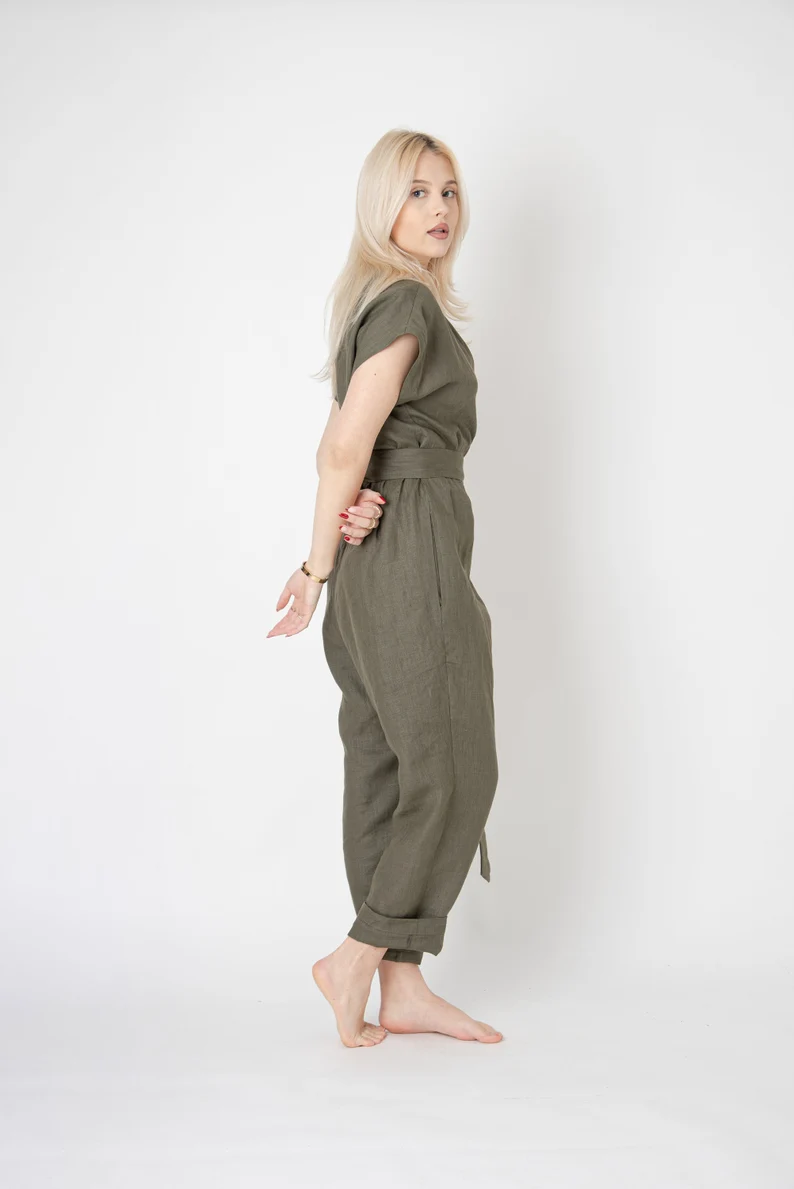 Thumbnail: Moila Linen Jumpsuit Army Green