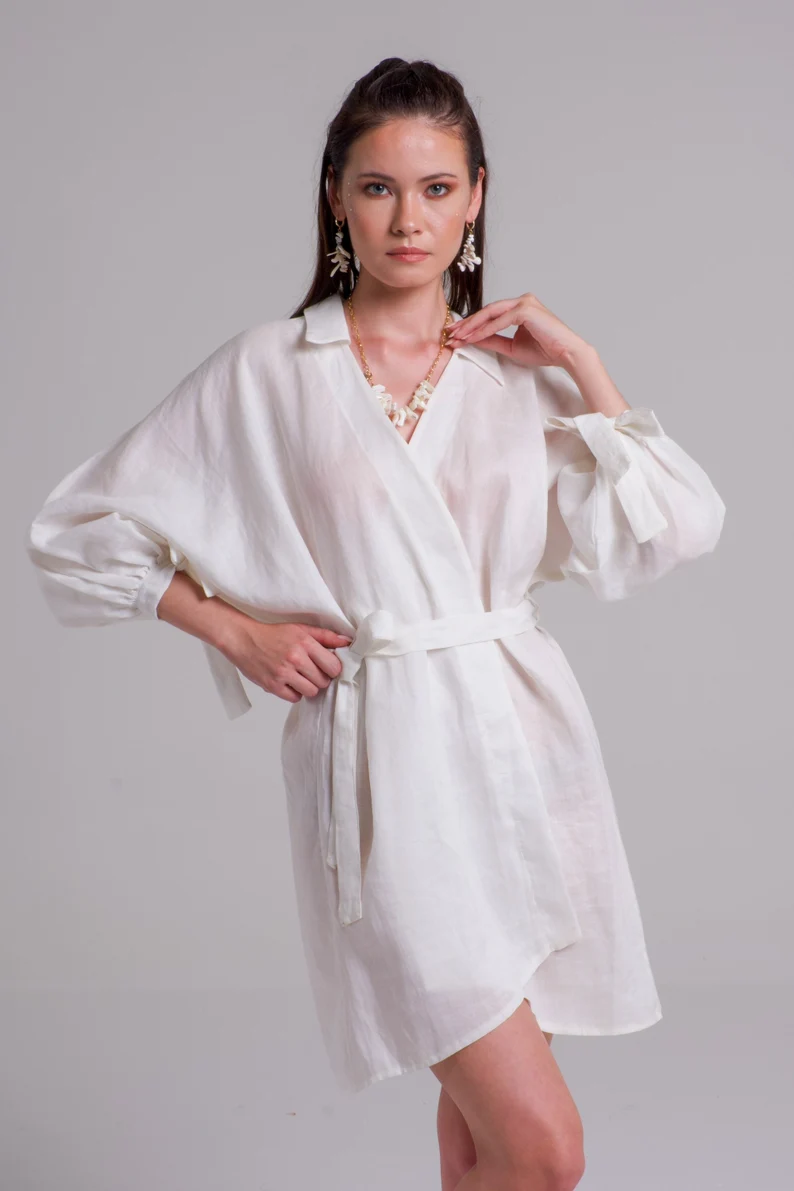 Thumbnail: Alegra White Linen Kimono Dress