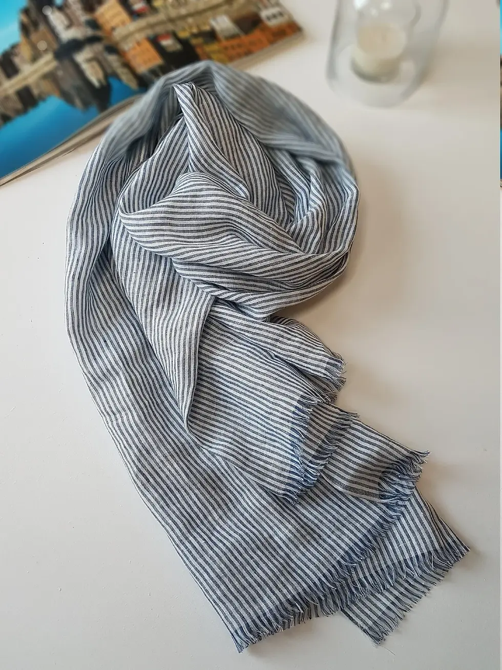 Thumbnail: Fringe Smoke Blue Stripe Linen Scarf