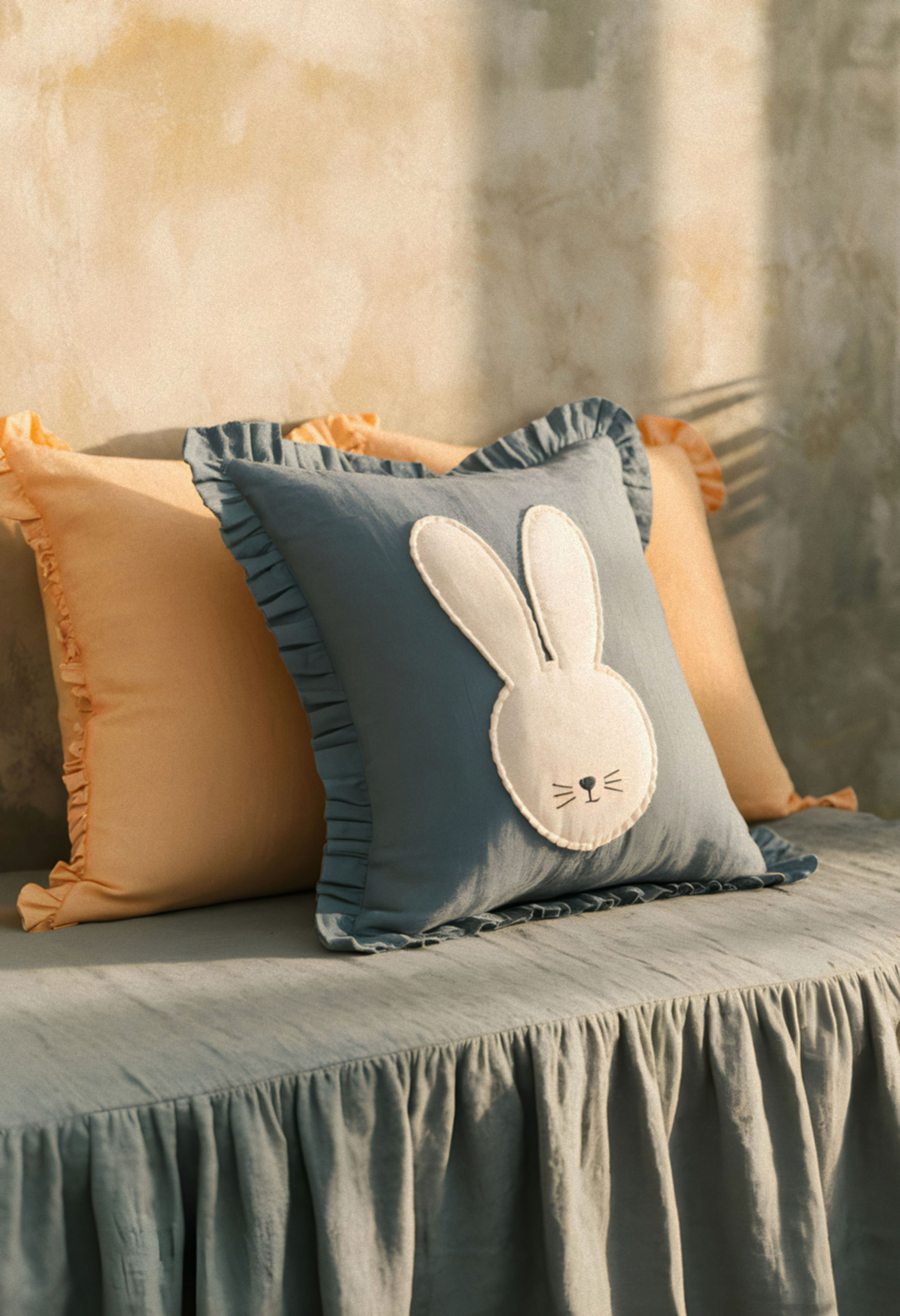 Dusty Blue Meadow Bunny Ruffle Pillow Cover Set of 2 #003