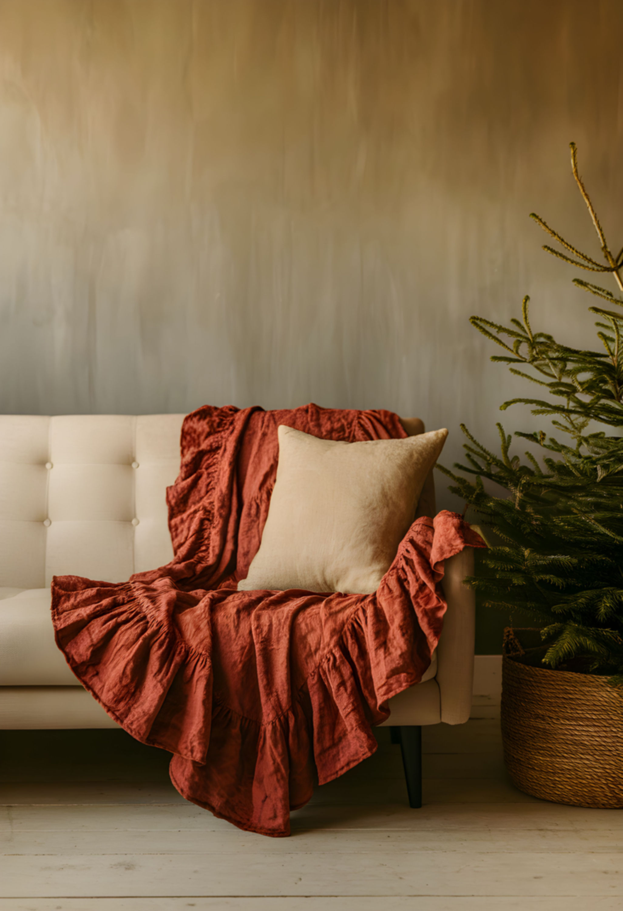 Ruffled Throw Blanket Rust Orange Stonewashed Linen-Cotton Blend