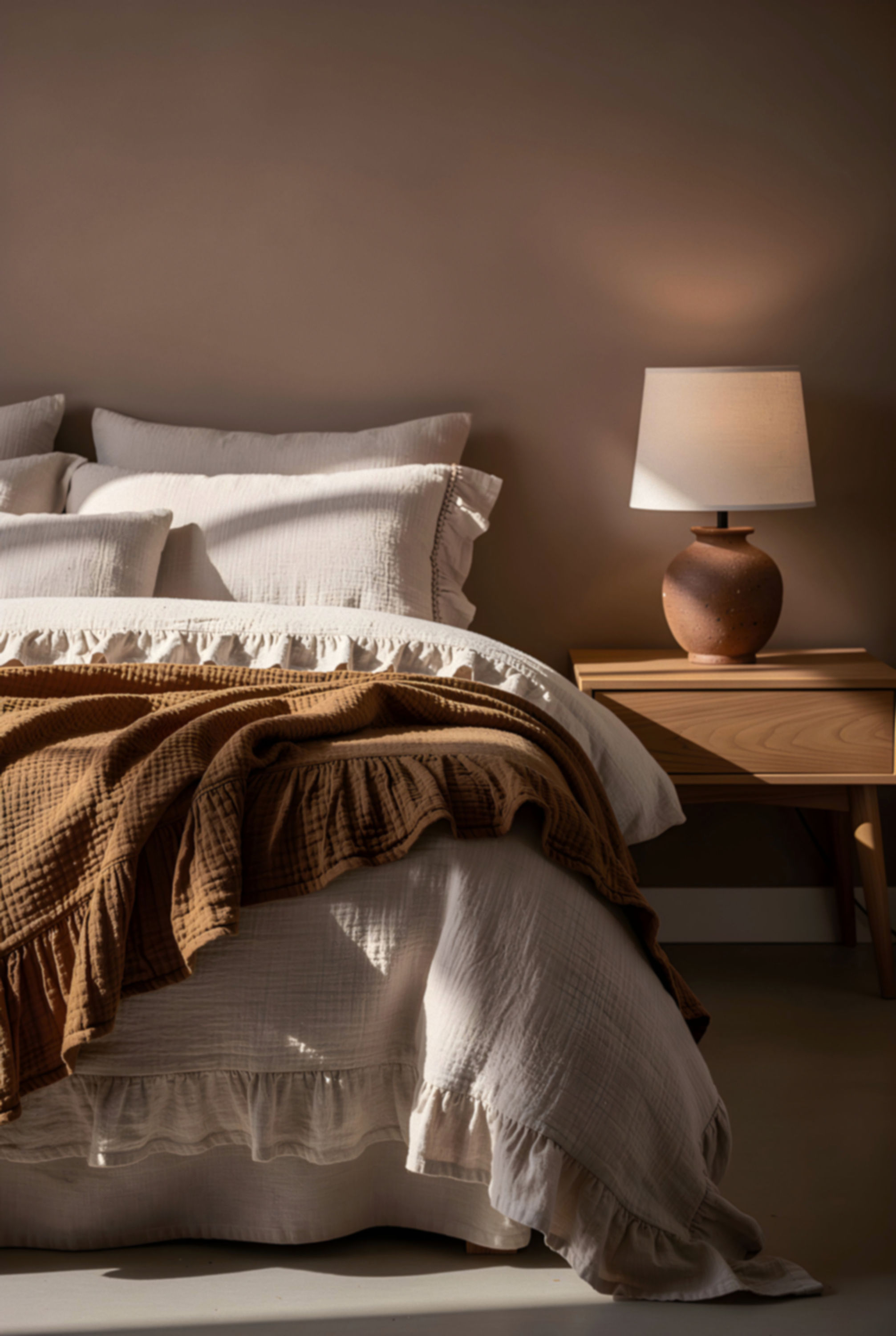 Cotton Gauze Ruffle Throw Blanket - Brown
