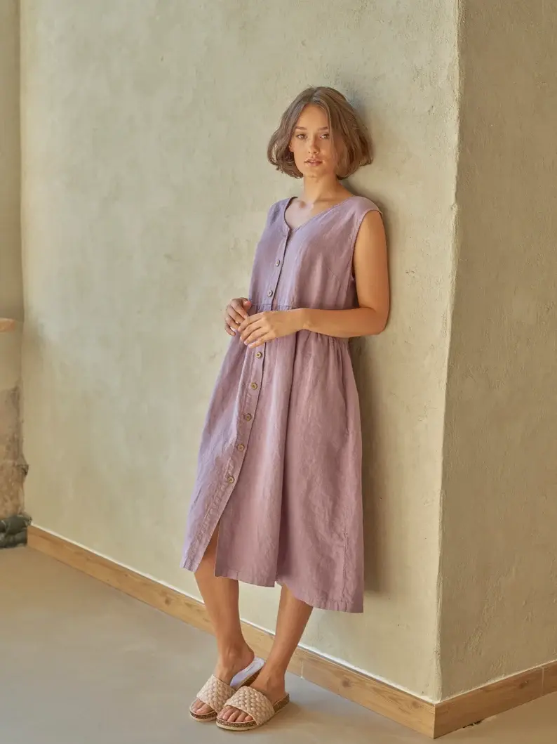 Thumbnail: Belavina Linen Dress Mauve