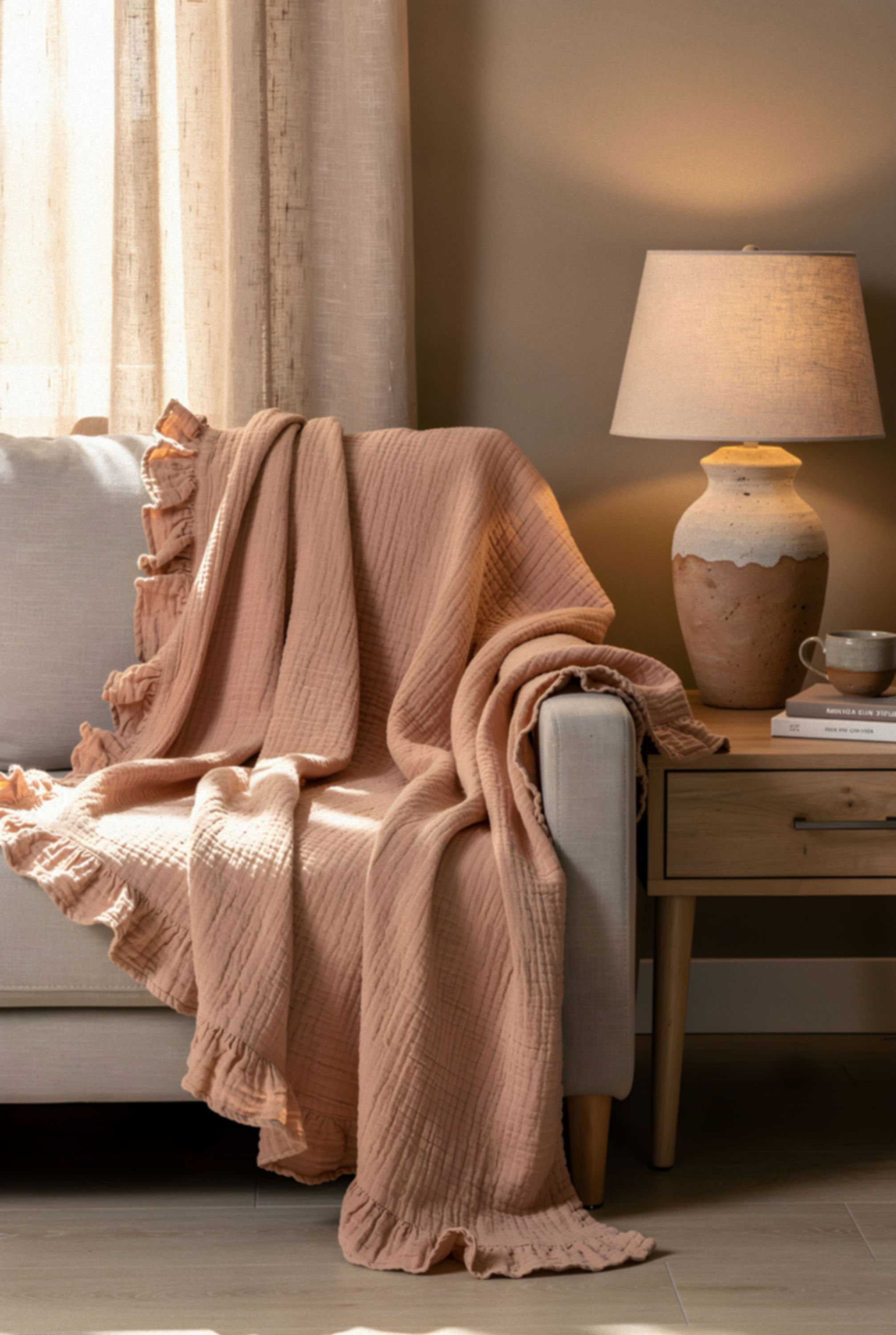 Cotton Gauze Ruffle Throw Blanket - Peach