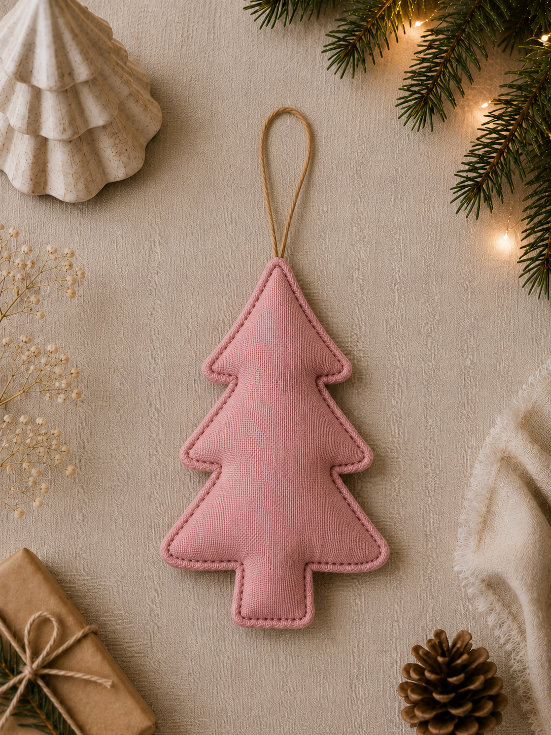Linen Christmas Tree Ornaments Pink – Set of 6