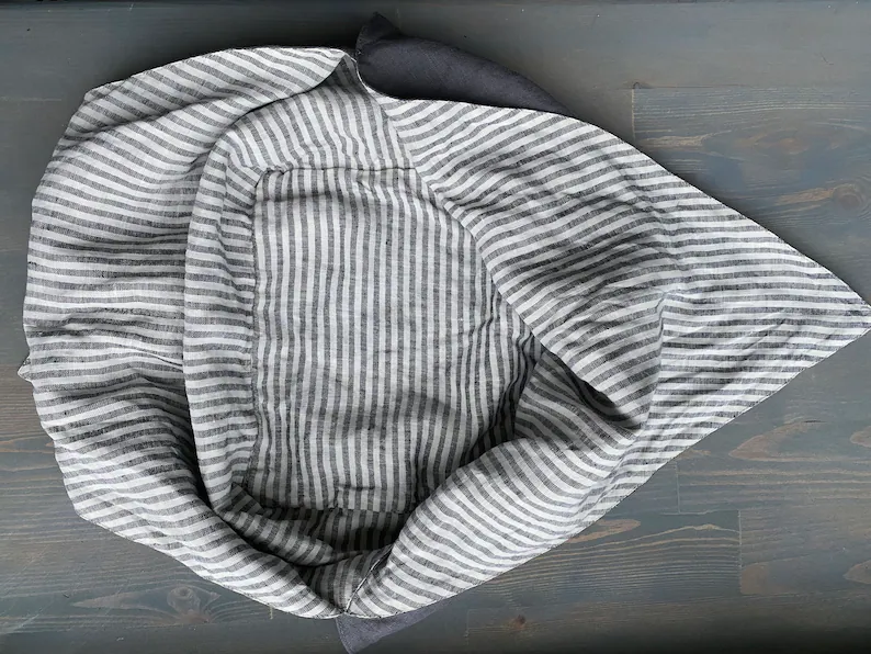 Thumbnail: Reversible linen bento bread bag - Gray, Stripes