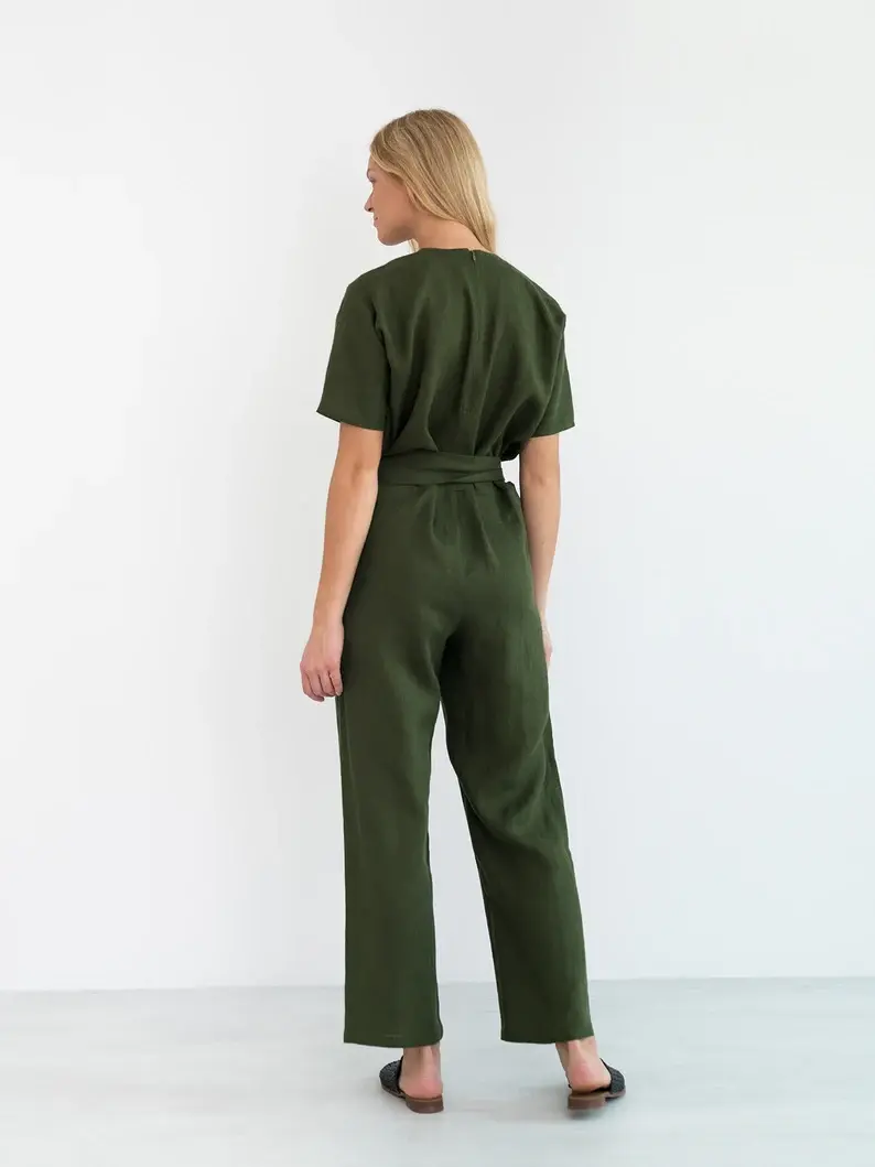 Thumbnail: Cerean Linen Jumpsuit Overalls Dark Olive