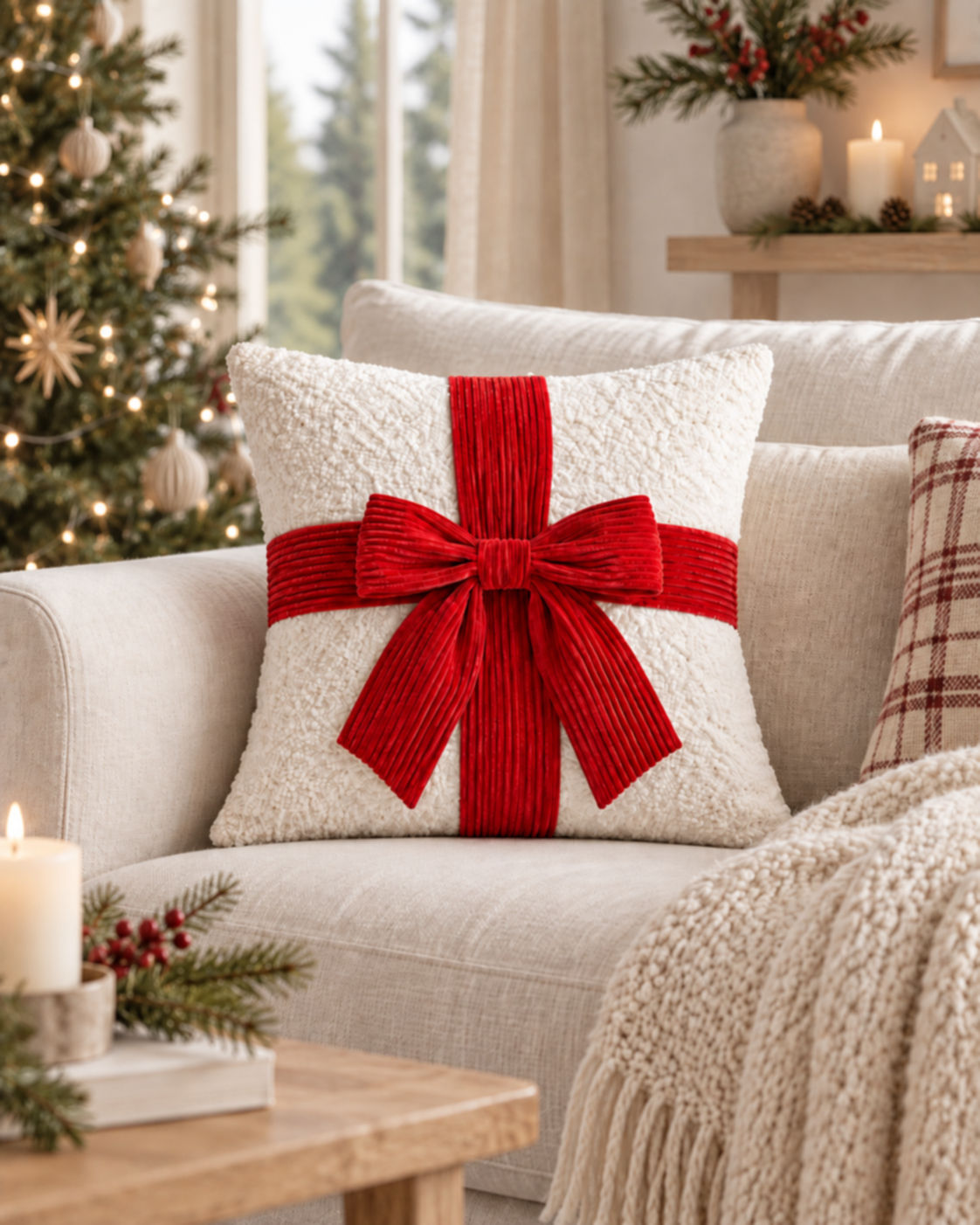 Bouclé Decorative Pillow with Red Ribbed Bow