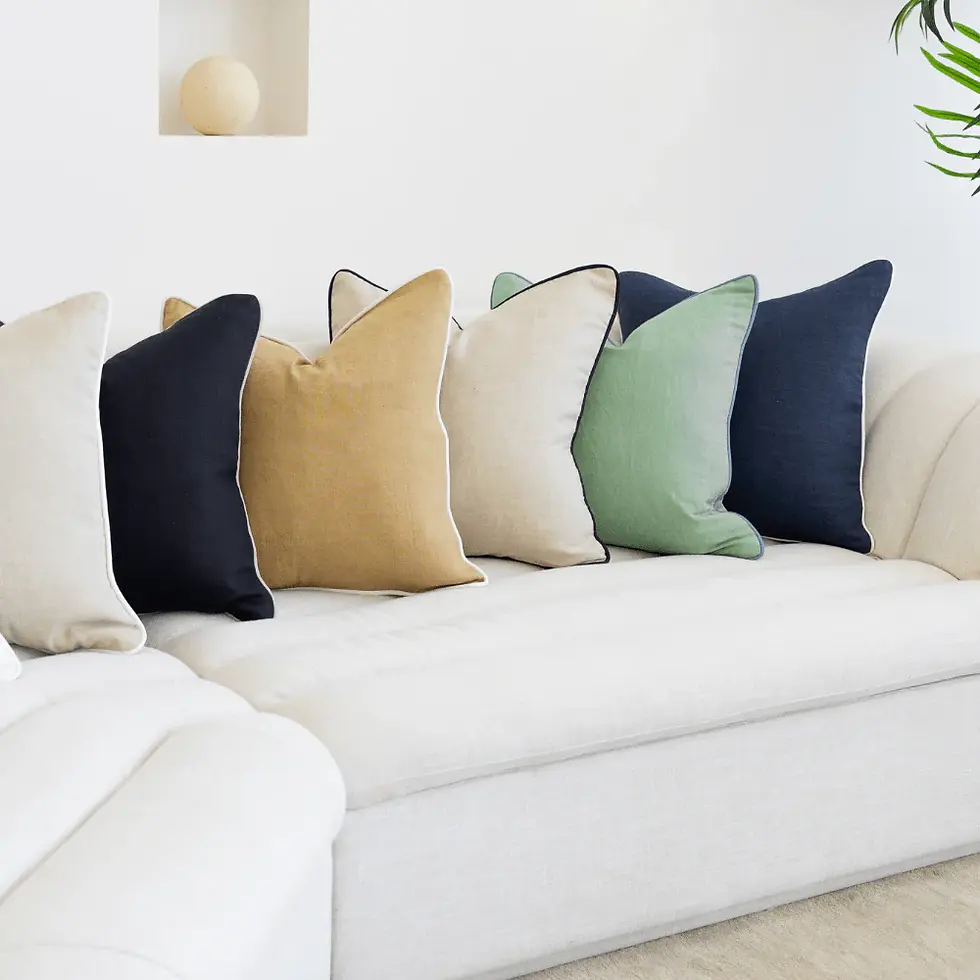 Thumbnail: Textured Linen Woven Throw Pillowcase  Denim w/ Sleek Brown Piping