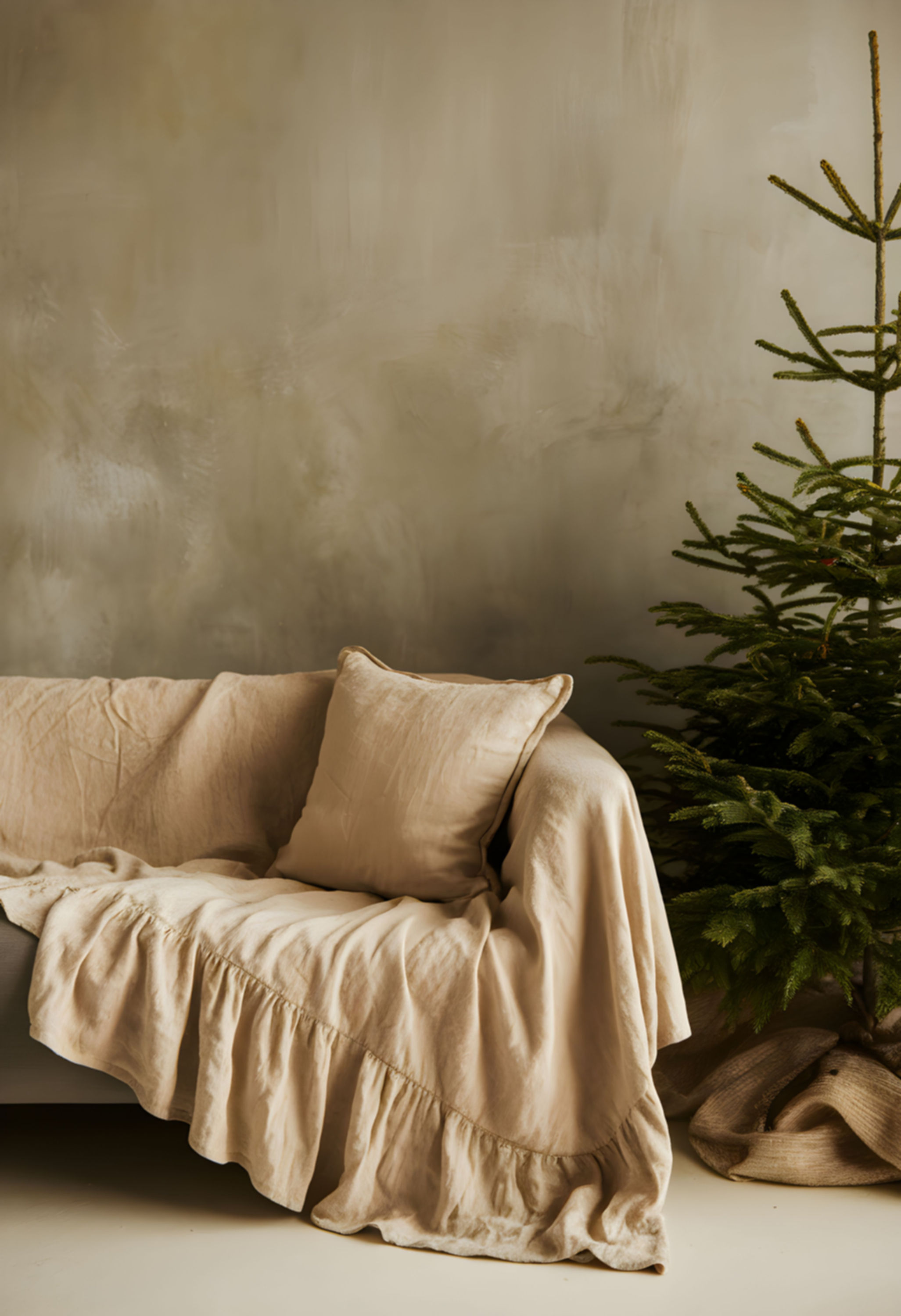 Ruffled Throw Blanket Natural Textured Linen-Cotton Blend