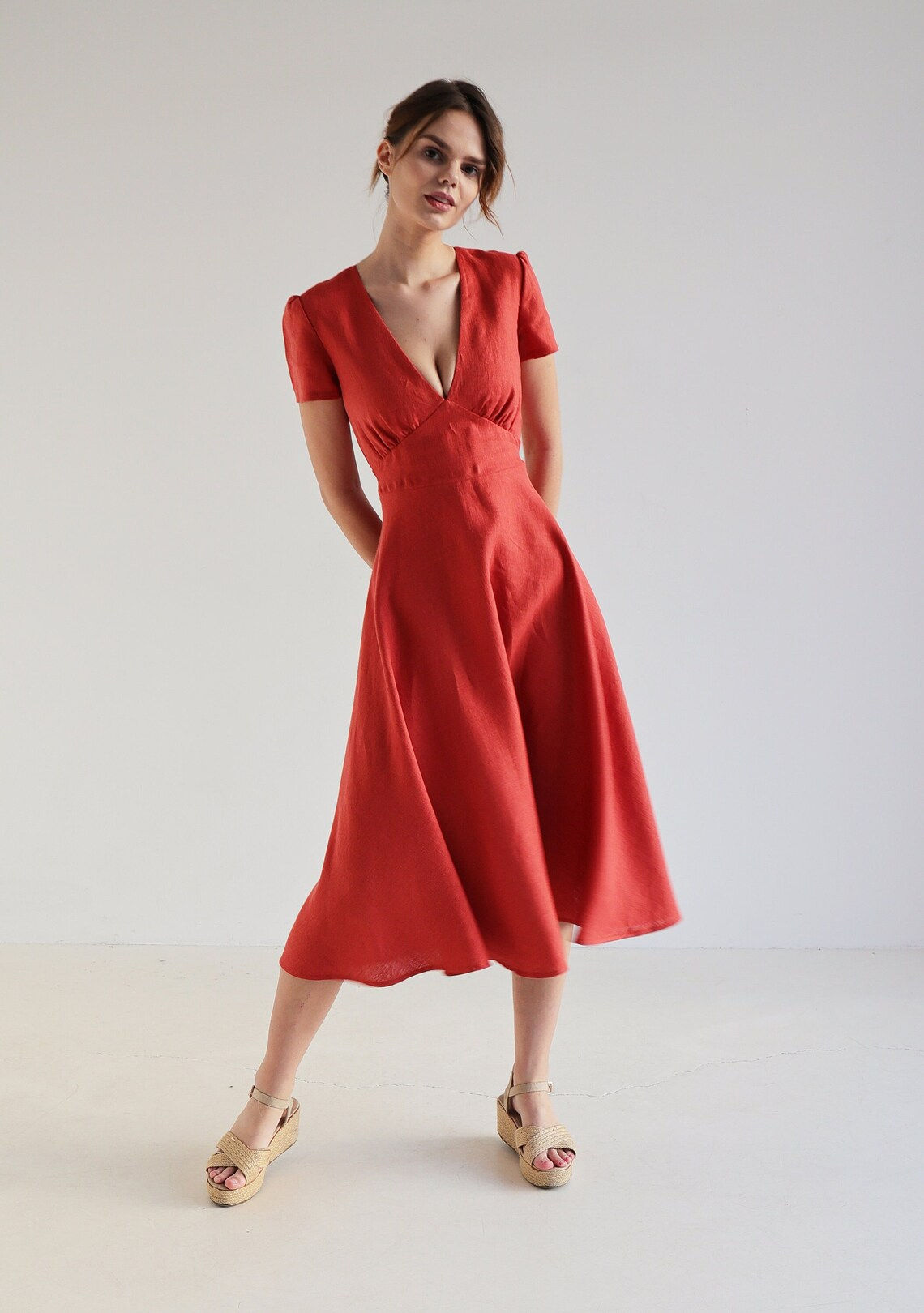 Seinty Linen Dress Deep Vneck Rust