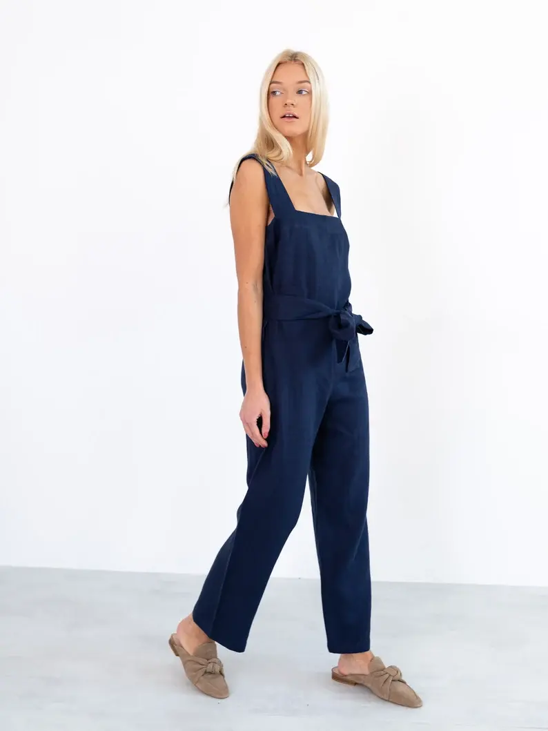 Thumbnail: Sefira Linen Jumpsuit Overalls Navy Blue