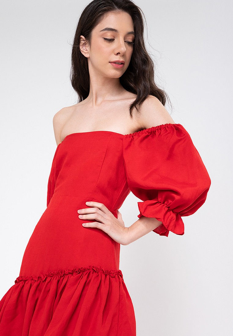 Thumbnail: Luina Linen Puff Sleeve Dress Red