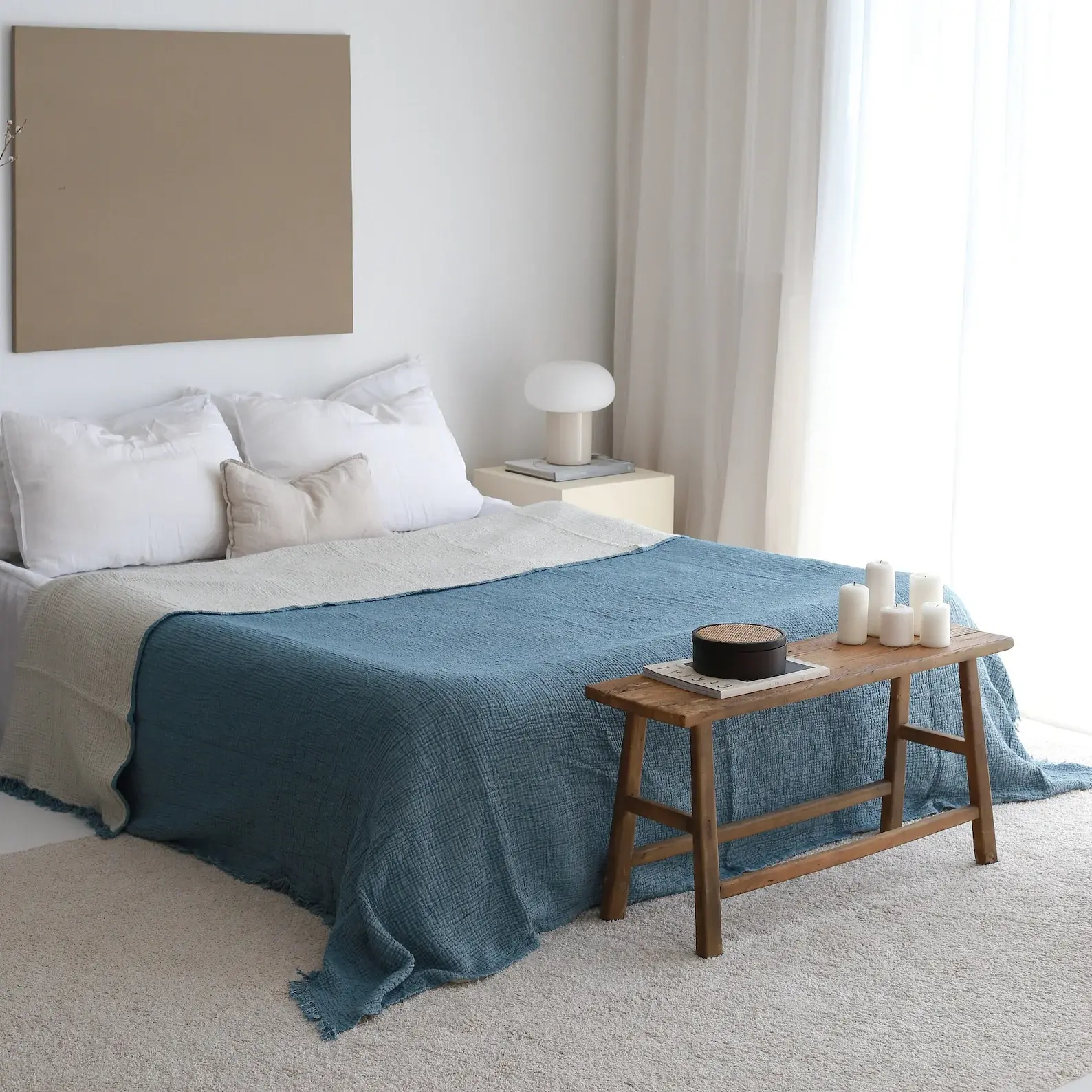 Gauze Reversible Throw Blanket Dusty Blue x Beige