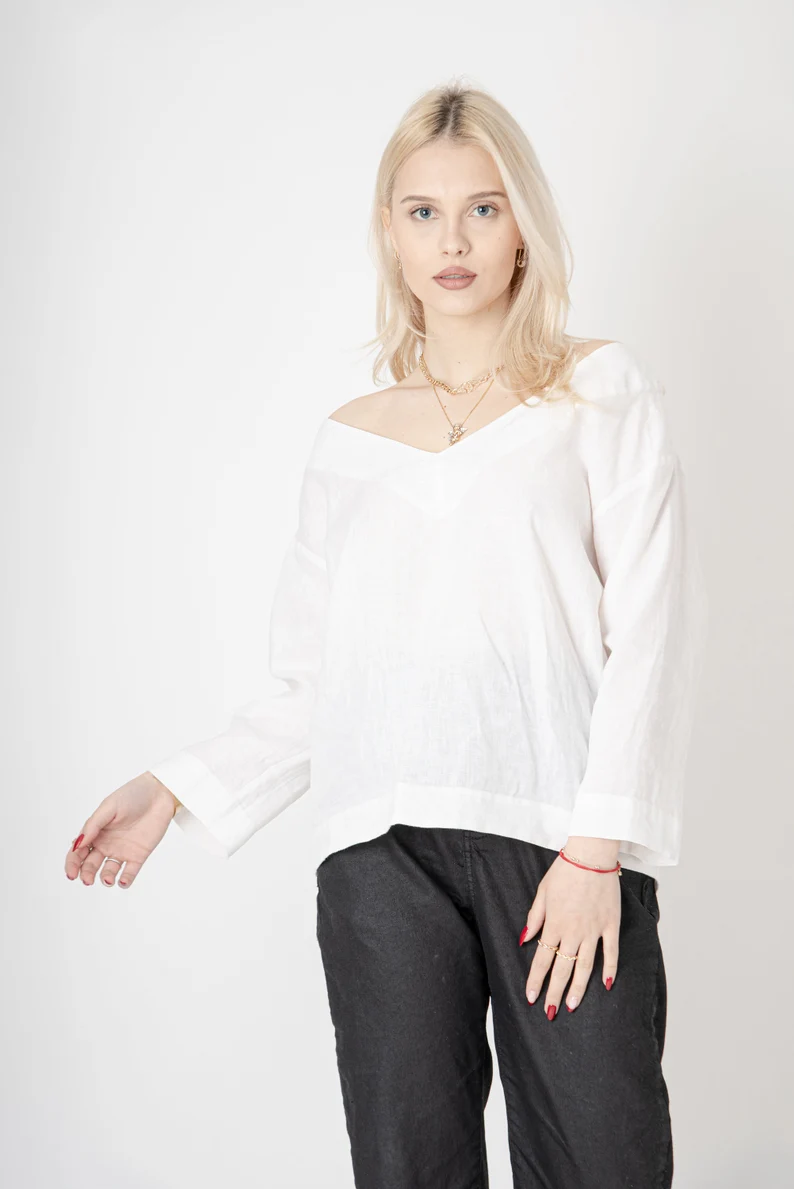 Thumbnail: Dana Oversized Linen Offshoulder Blouse White