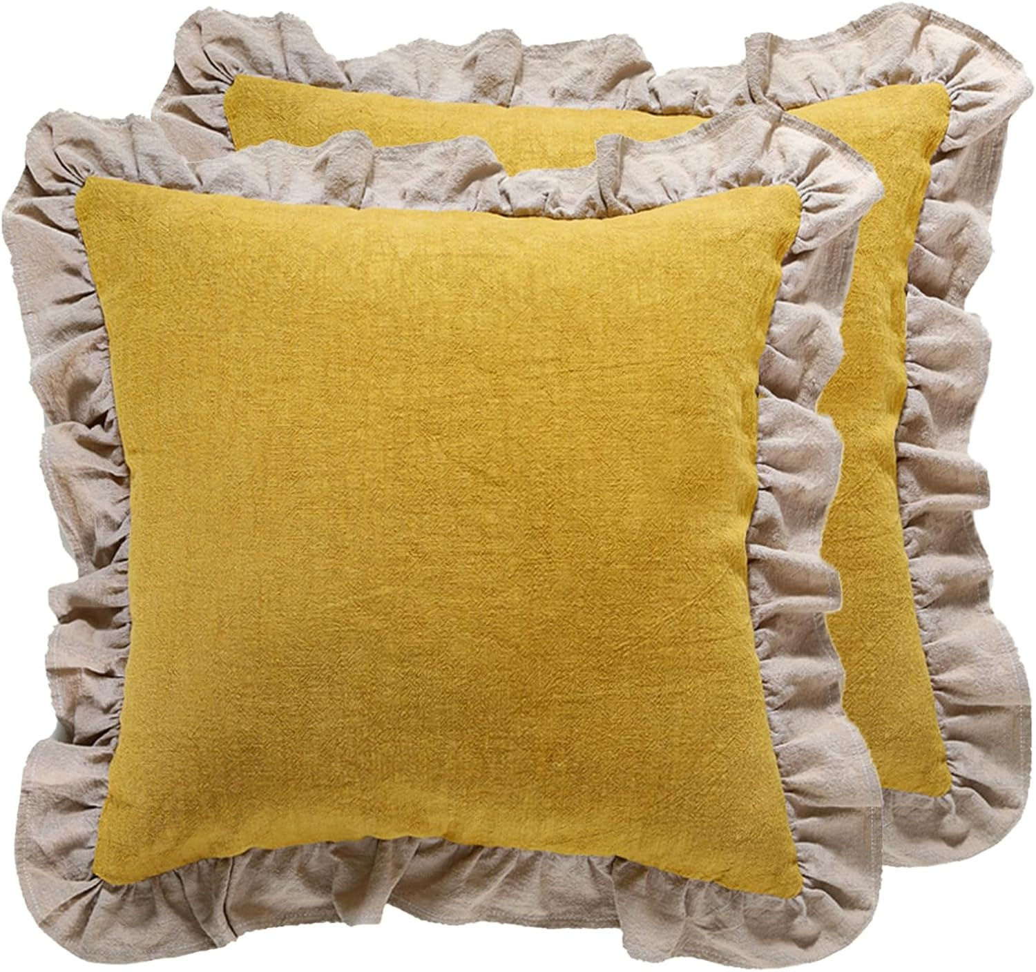 Textured Linen Ruffle Throw Pillowcase, Mustard, Natural Ruffles - Set