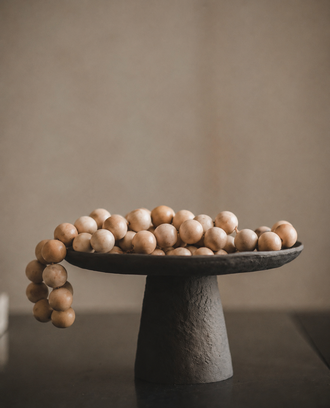 Artisan Pedestal Bowl + Wood Garland - Black 14”D x 7”H