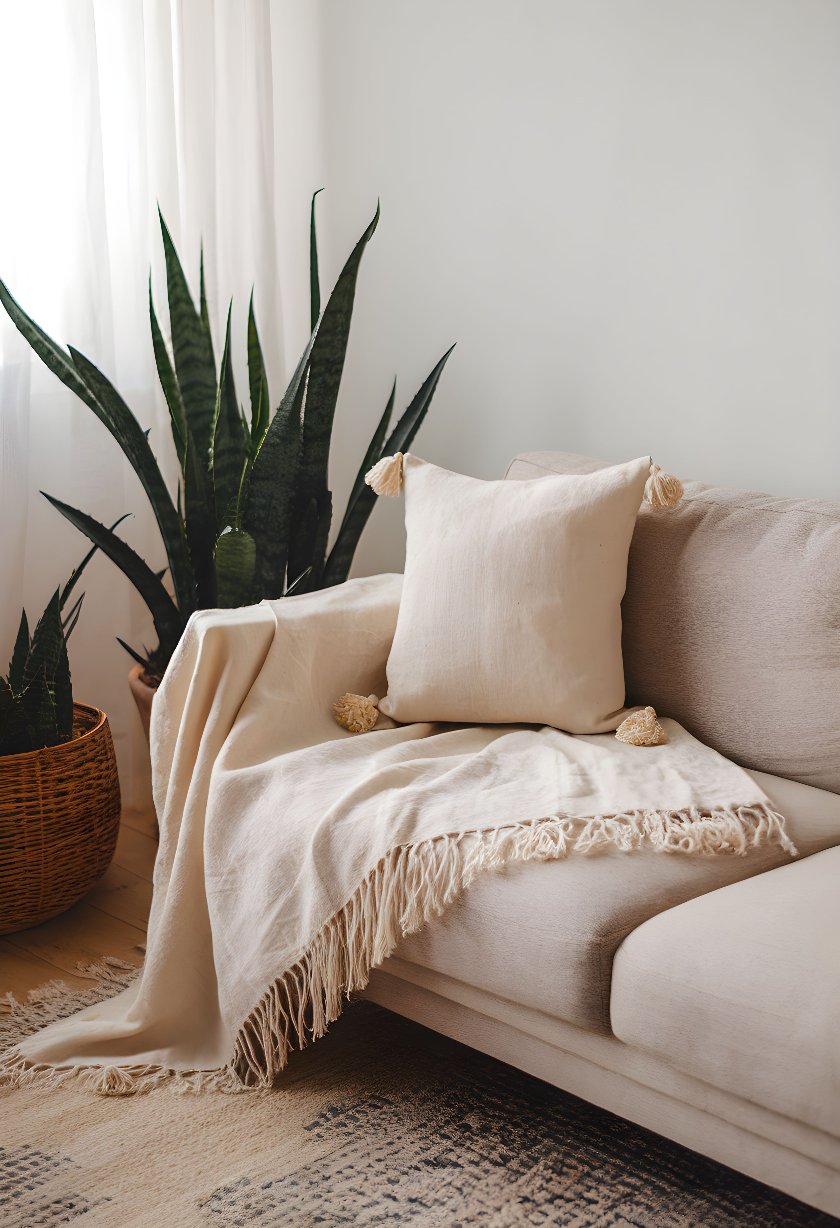 Washed Linen Decorative Fringe Throw Blanket - Cream