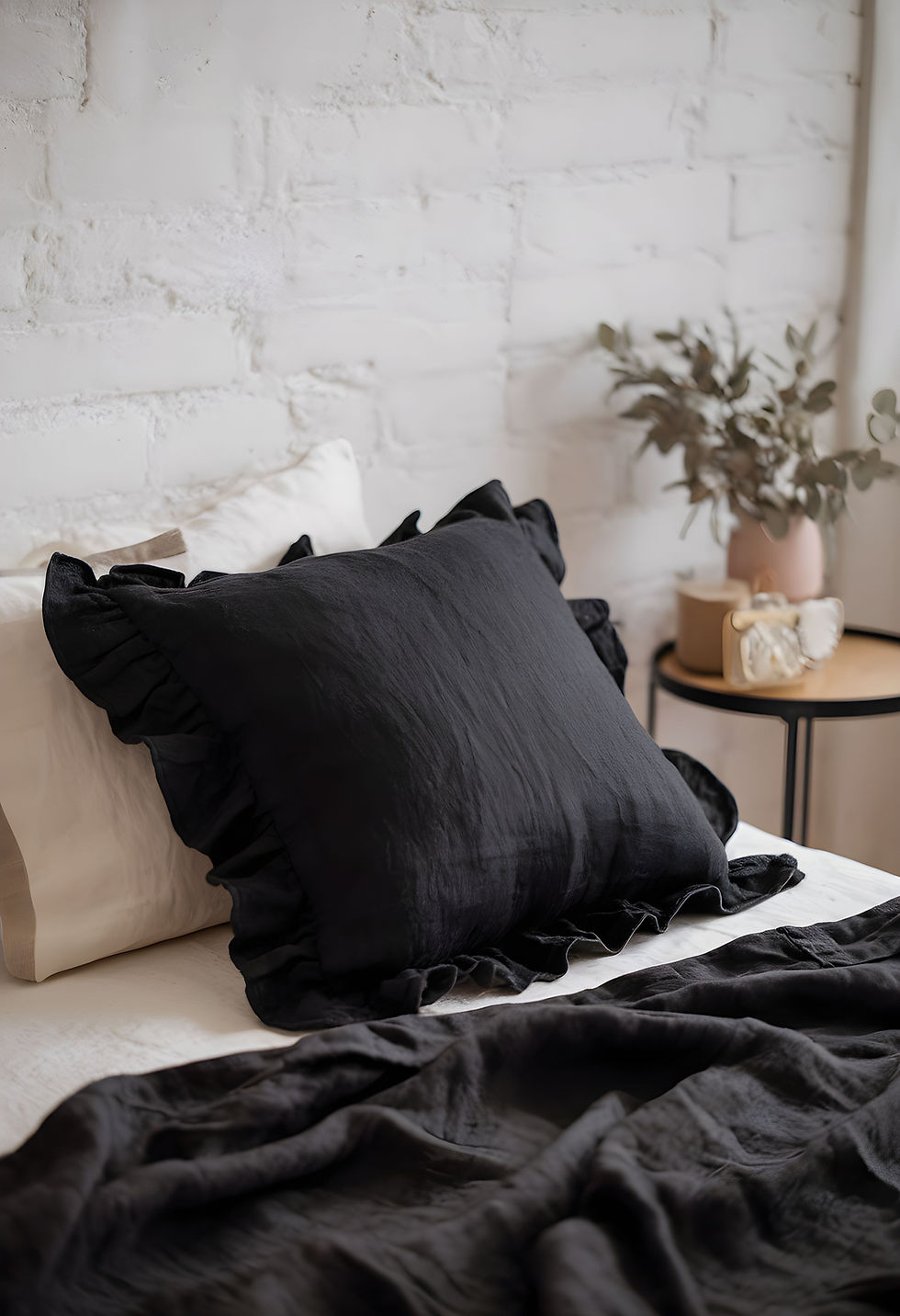 Thumbnail: Washed Linen Blend Ruffle Pillowcase in Black- Set of 2