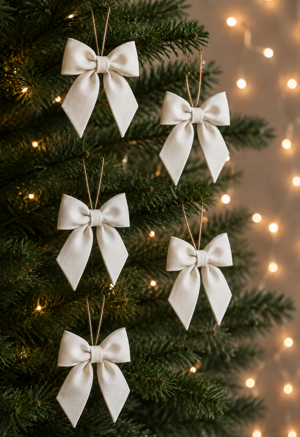 Linen White Bow Christmas Ornaments (Set of 6)