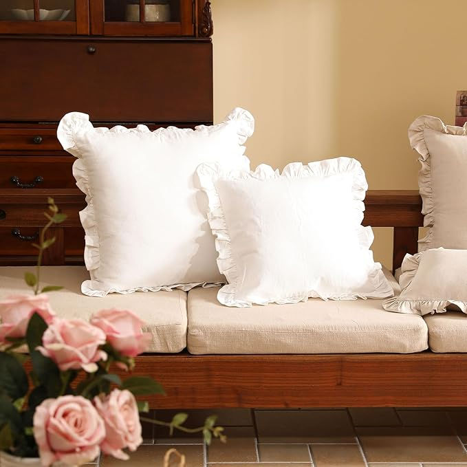 Thumbnail: Textured Linen Ruffle Throw Pillowcases White  - Set of 2