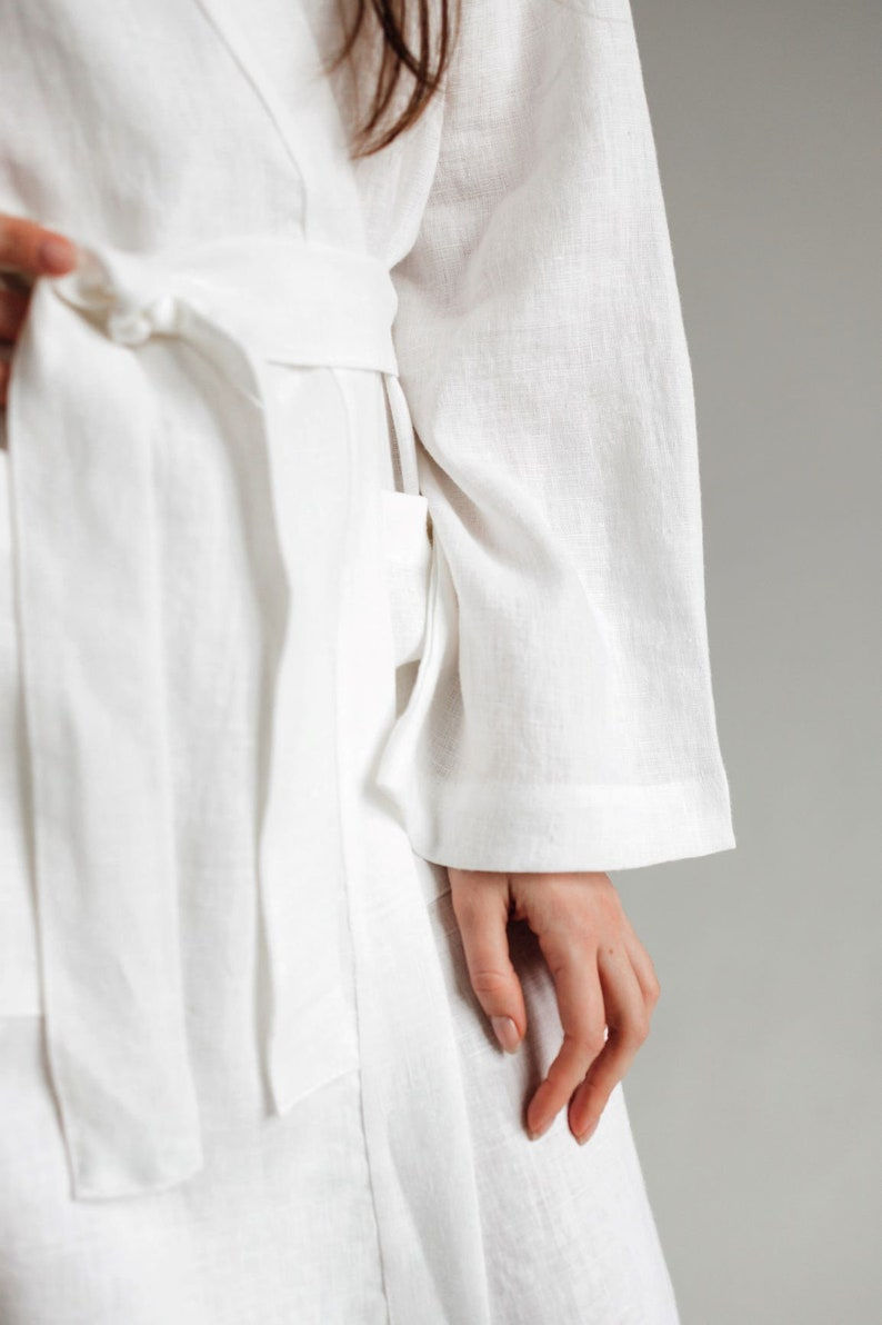Thumbnail: Linen Robe White Flat Colar Unisex