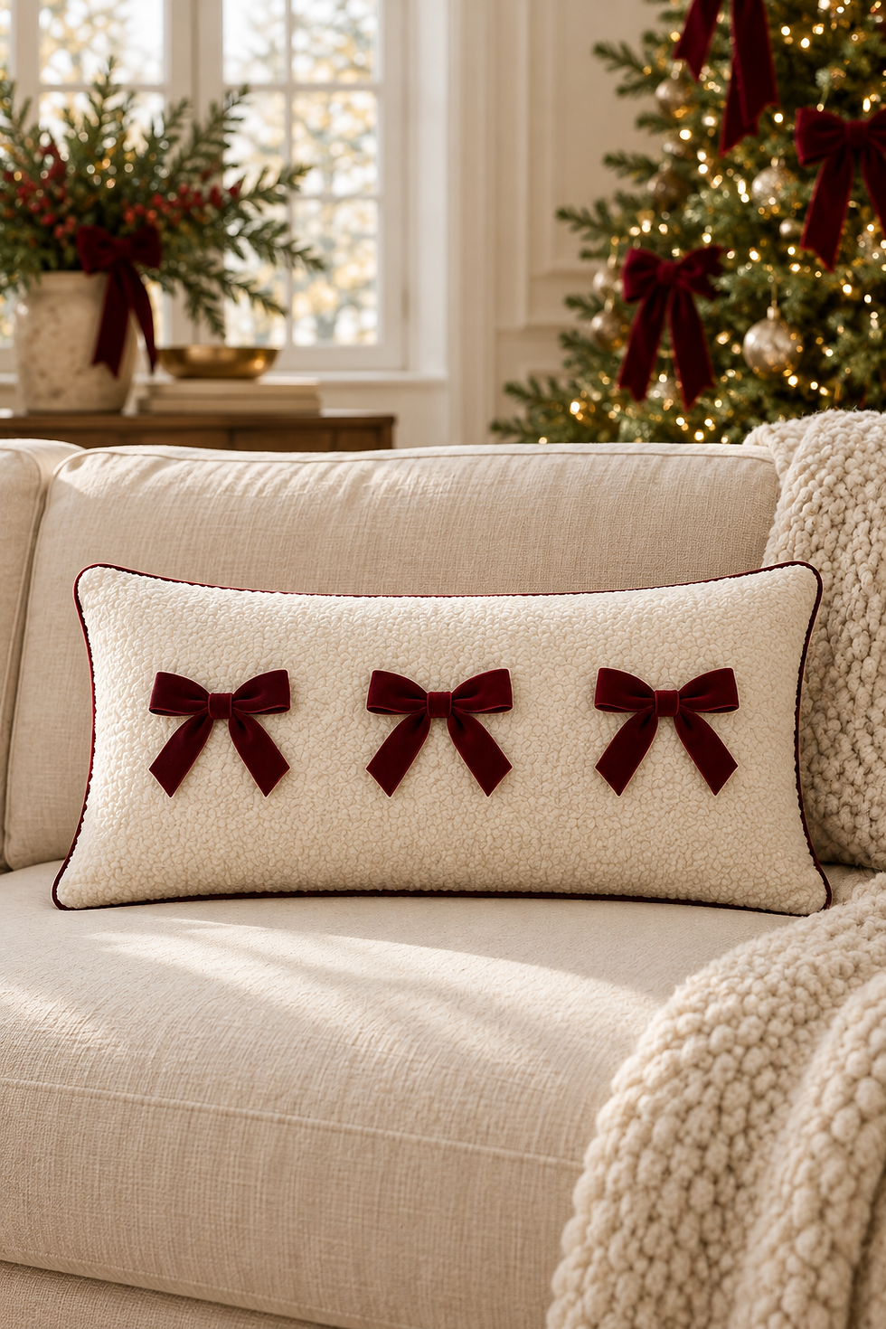 Thumbnail: Bouclé Christmas Pillow with Burgundy Piped Velvet & Bow