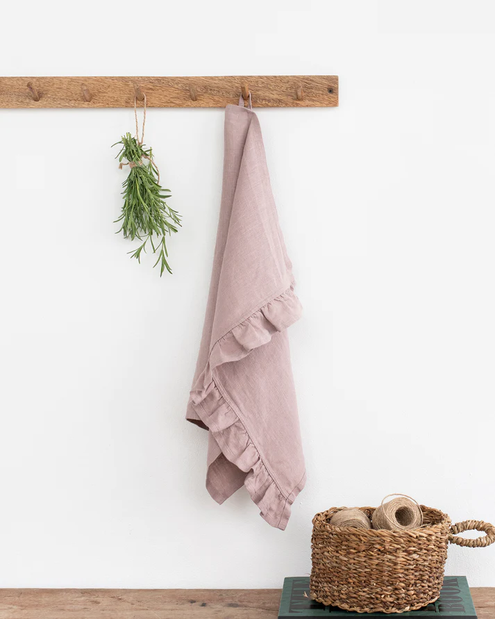 Ruffle Trim Linen Tea Towel Mauve Set of 2