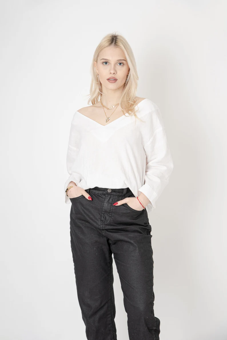 Thumbnail: Dana Oversized Linen Offshoulder Blouse White