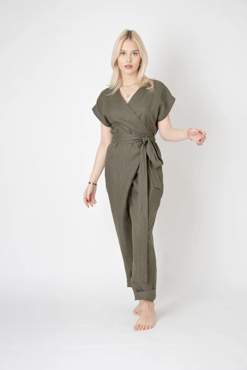 Thumbnail: Moila Linen Jumpsuit Army Green