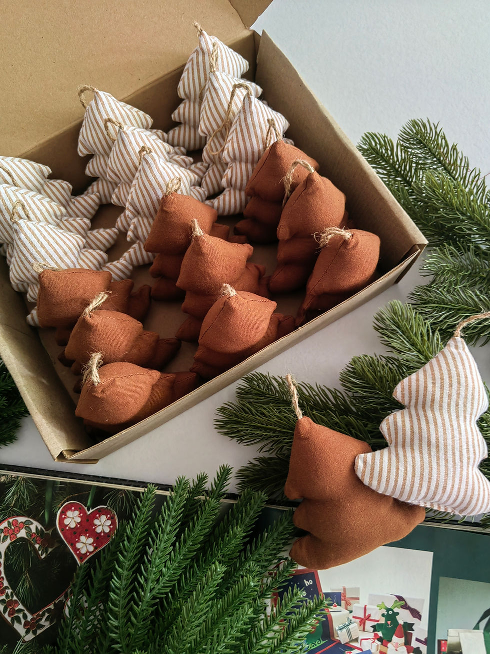 Thumbnail: Linen Tree Ornaments Oatmeal Stripes & Tobacco Tree (Pack of 18)