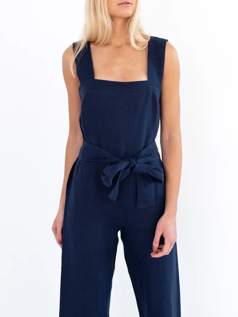 Thumbnail: Sefira Linen Jumpsuit Overalls Navy Blue