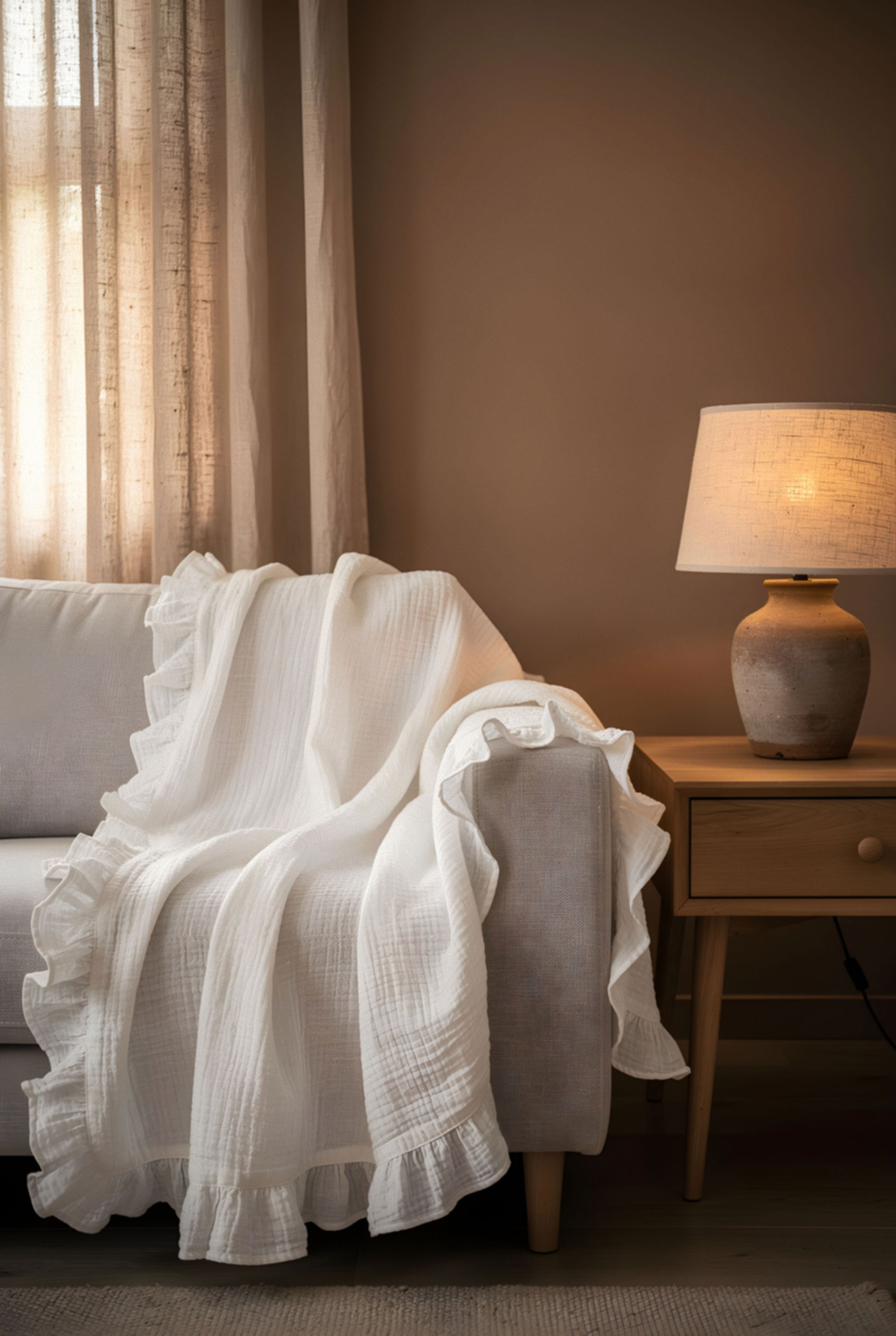 Cotton Gauze Ruffle Throw Blanket - White