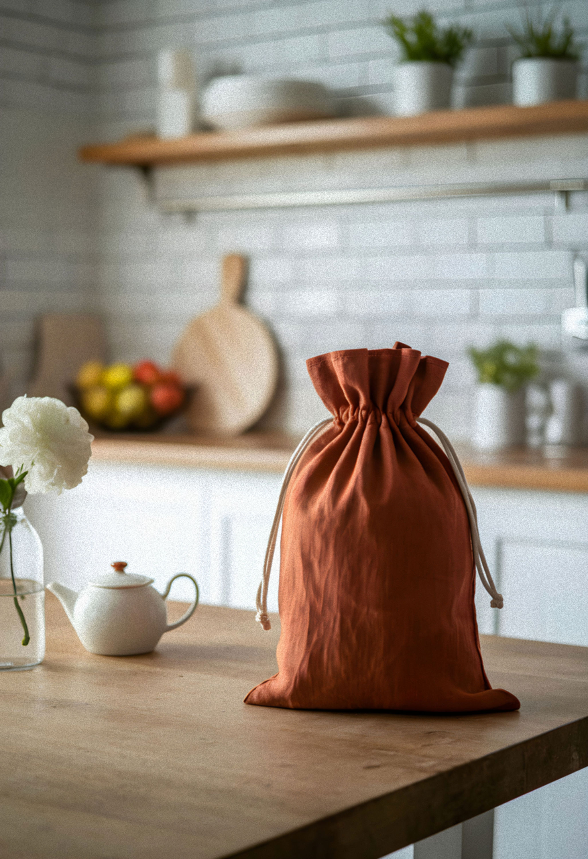 Linen Bread Storage Bag with Drawstring Closure - Tobacco