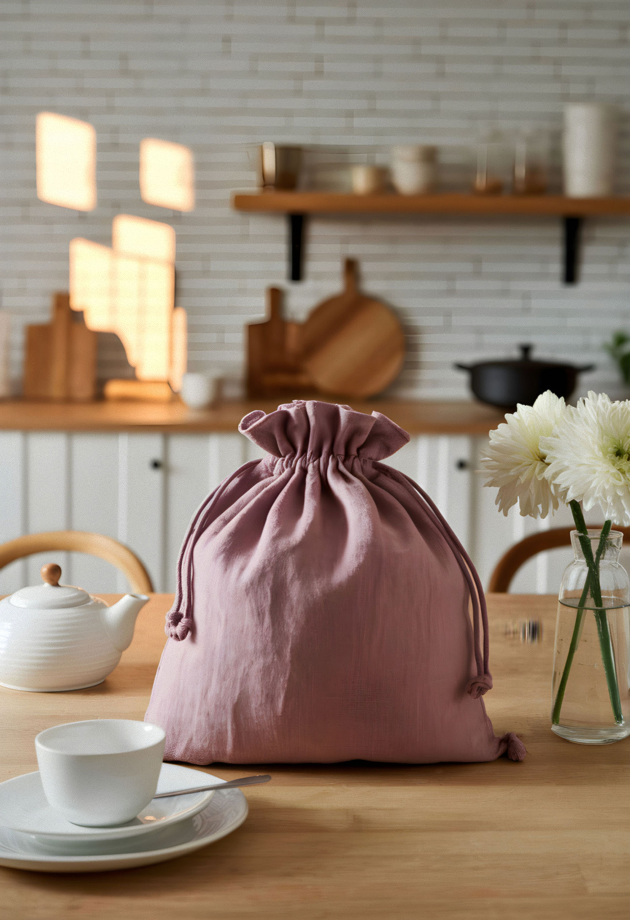 Linen Bread Storage Bag with Drawstring Closure - Mauve