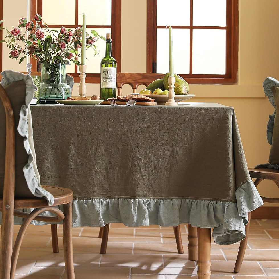 Thumbnail: Textured Linen Cotton Ruffled Tablecloth Moss Green