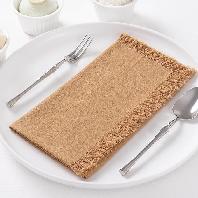 Thumbnail: Textured Caramel Cotton Linen Handmade Fringe Dinner Napkins Set of 6