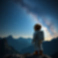 a child in space suit standing on the mountain looking up the skies filled with stars wond